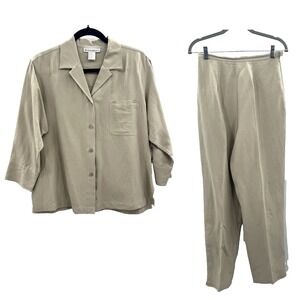 VTG Dressbarn Pant Suit M Linen Silk Cottage Coastal Retro High Waist 3/4 Sleeve
